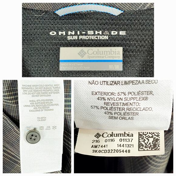 Columbia Men M Omnishade Button Up Shirt Nylon Brown Plaid Vents Roll Tab Sleeve - Picture 3 of 13